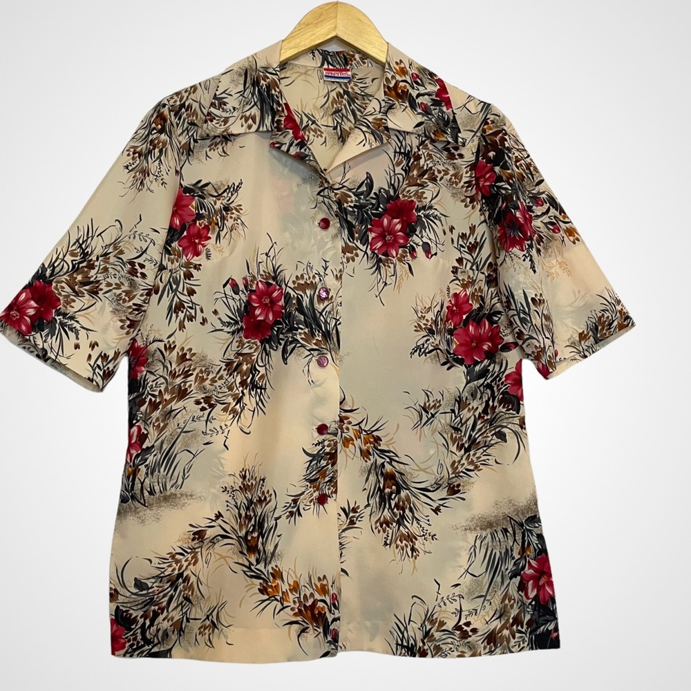 Vintage 70s Floral Short Sleeve‎ Blouse Button-Up Shirt Camp Collar Cream